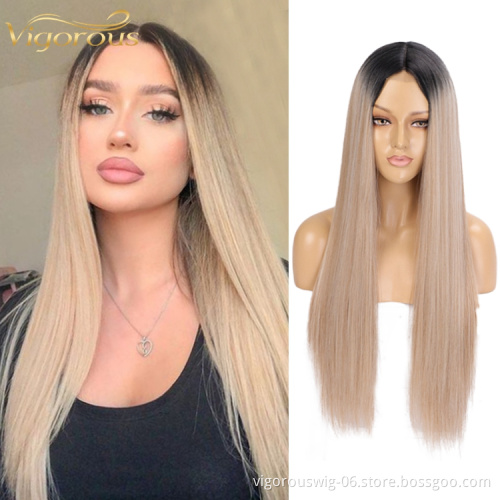 OEM & ODM Acceptable Japan Futura Wig Lace Front Brown Women Dark Root Blend High Quality Synthetic Long Straight Wigs